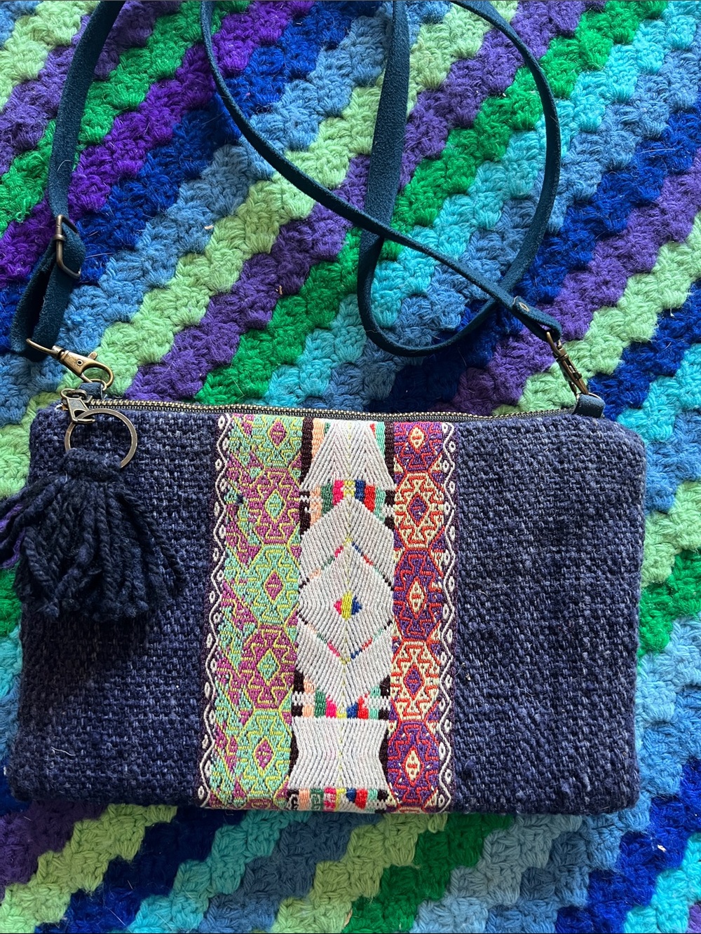 Handwoven Navy Crossbody with Embroidered Center Panel